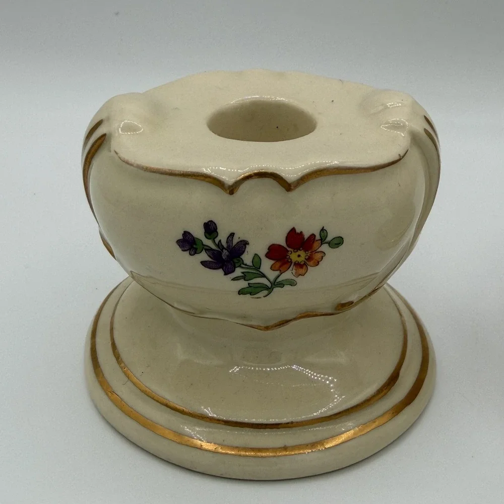 Set of 2 Vintage Princeton China Cream Floral Gold‎ Taper Candle Holders